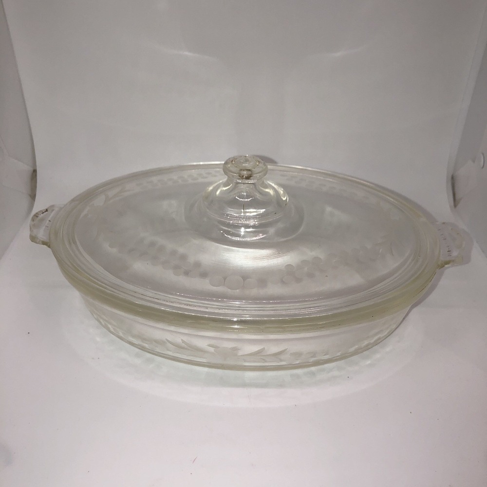 Vintage Pyrex Clear Glass 043 Casserole Dish With Lid Etched Floral Pattern